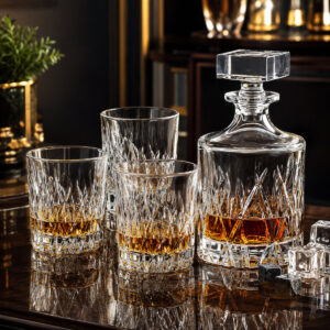 Set 6 Pahare Whisky Cristal Bohemia cu Decantor Wicker